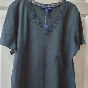 Karen Scott Black Knit Lace Trim Top